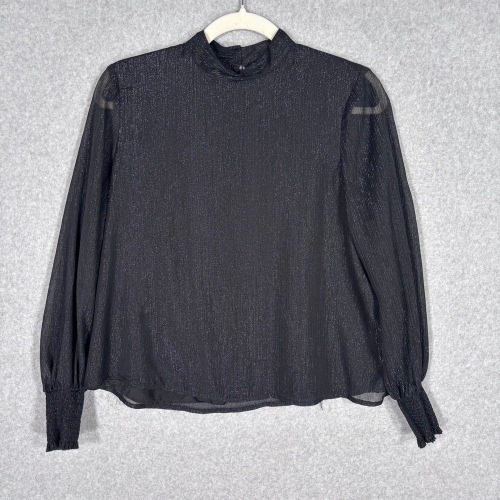 BB Dakota Metallic Blouse Small‎ High Neck Sheer Puff Smocked Sleeve Glam Party